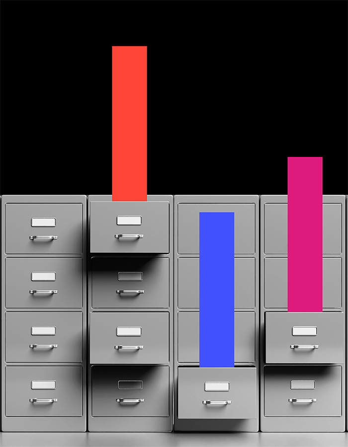 Coloured bars come out of filing cabinet drawers like information from the case studies found in this series collection