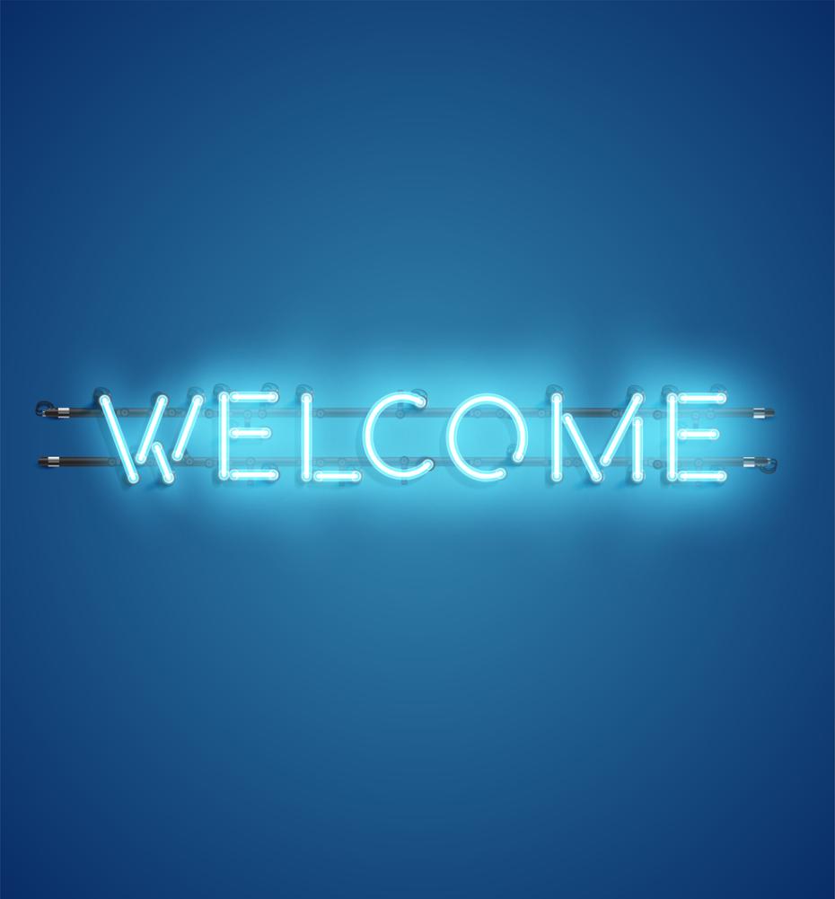 Neon blue welcome sign