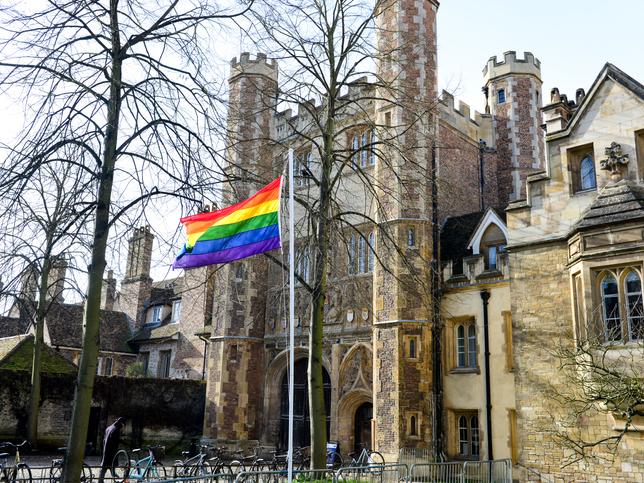 Rainbow flag outside Cambridge University for LGBT History Month