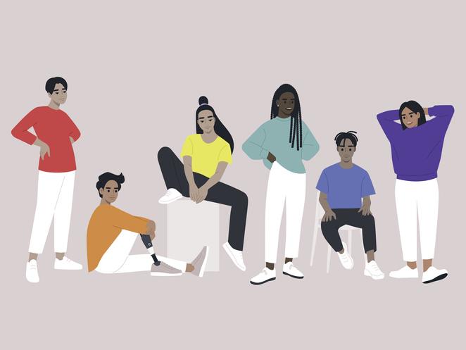 Illustration of young people in different coloured tops illustrating pronoun use