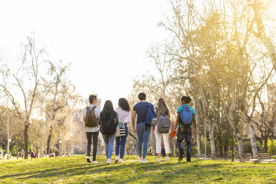 A diverse group of students walking together through a park