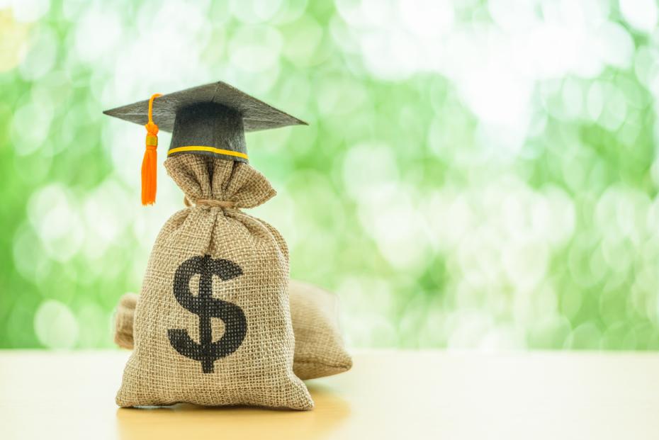 A sack of money wearing a graduate's hat