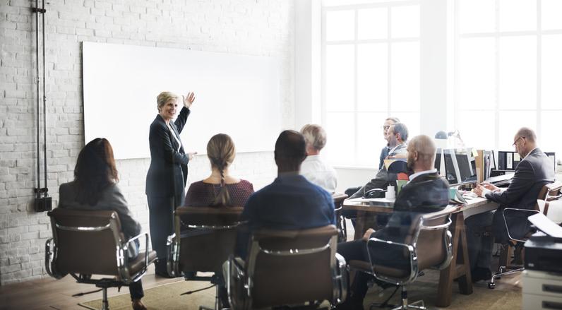 A woman gives a presentation to a seated crowd in front of a whiteboard