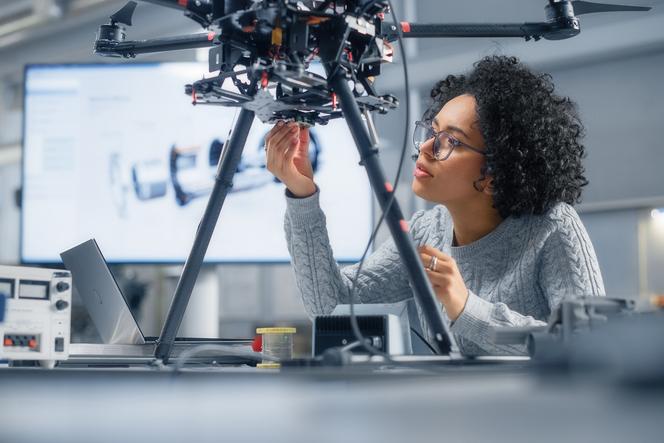 Black female engineer working on a drone