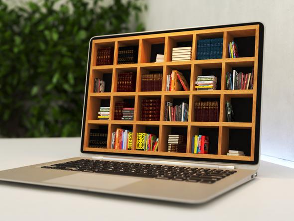 A laptop screen represents a bookshelf stuffed with journals