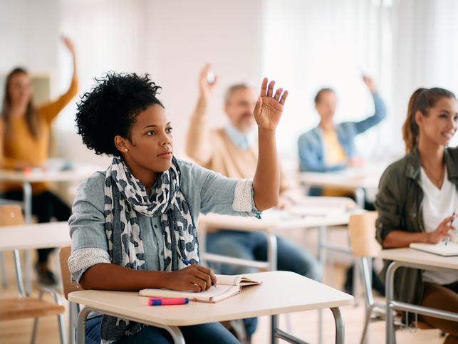 Student raising hand in class