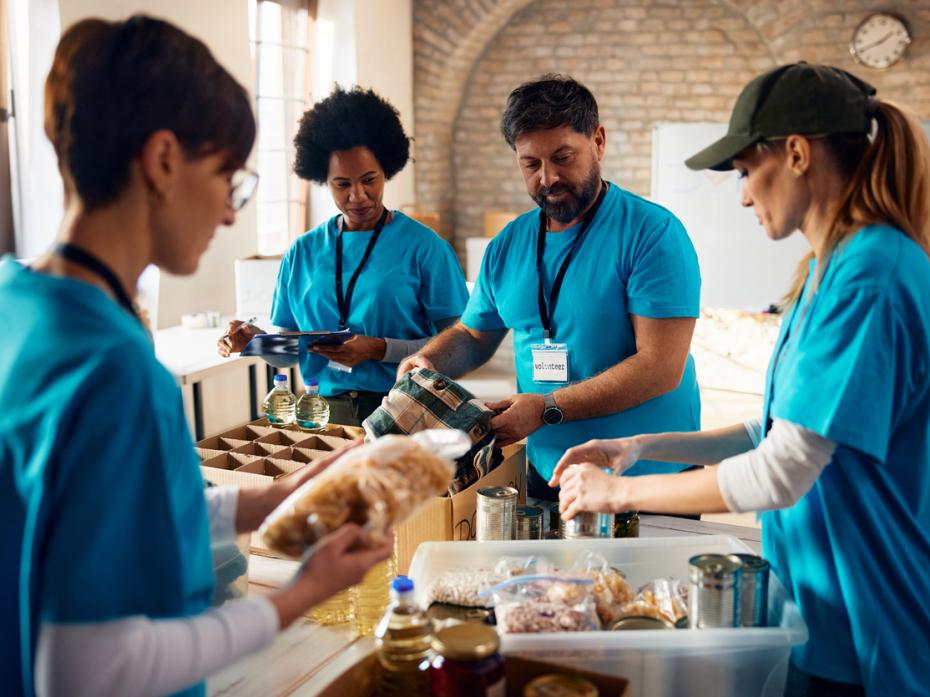 Food bank workers packing up the produce