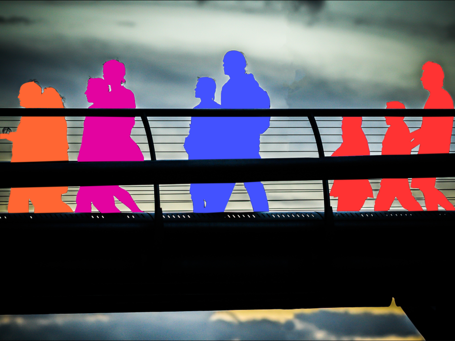 Brightly coloured silhouettes cross a bridge