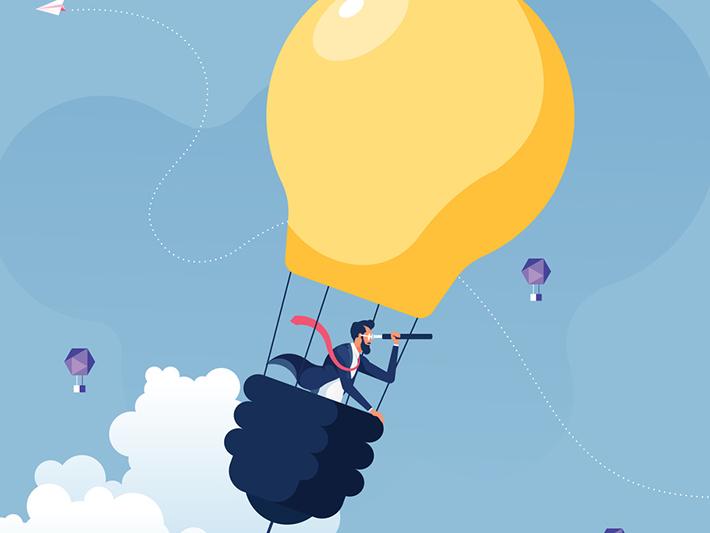 Illustration of a scholar in a lightbulb hot-air balloon