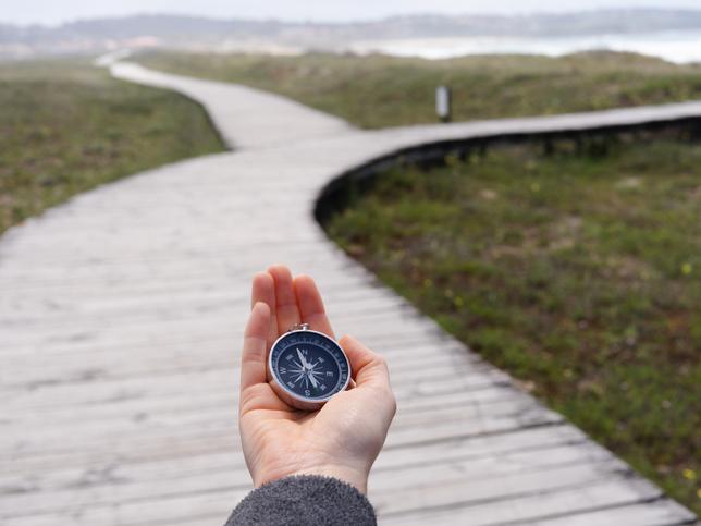 A hand holds out a compass in front of a divided path