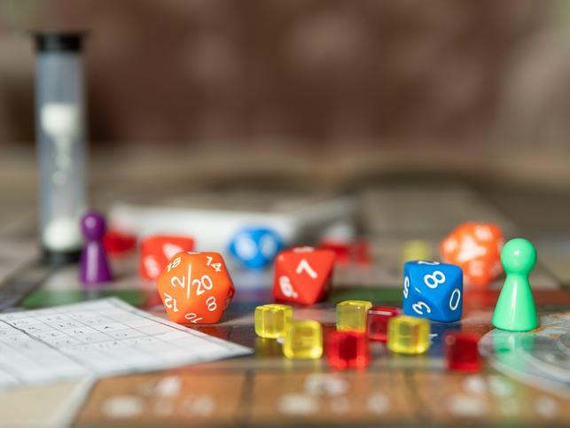 Board game figures and dice