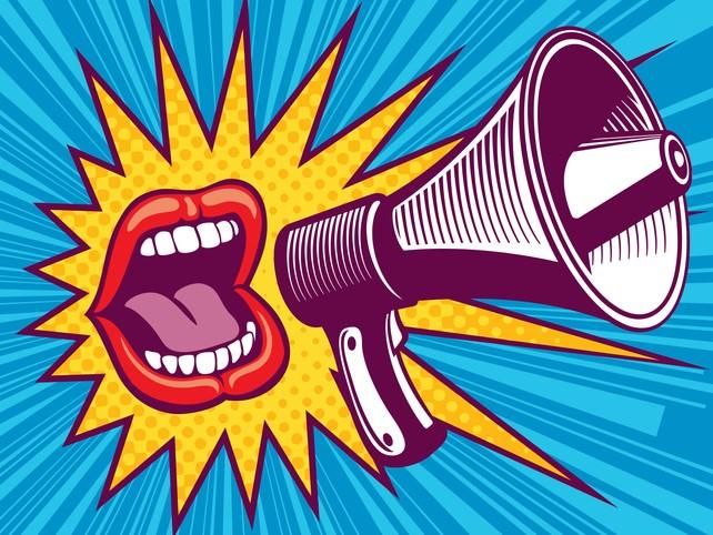 Megaphone shouting. Researchers at universities must overcome the struggle with self-promotion