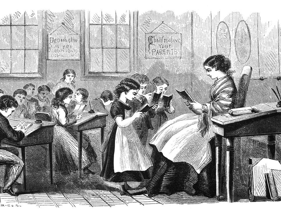 Illustration of a classroom in 1870