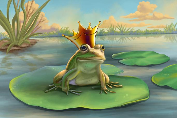 Frog in crown on lilypad
