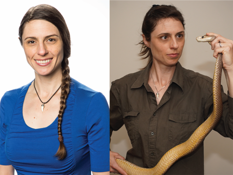 A nice but boring headshot of Christina Zdenek (left) compared to an exciting prop shot (right, by Dr Nick Hamilton) with a large coastal taipan snake