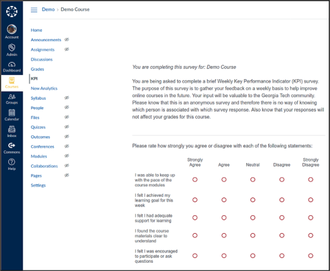 Student survey view of KPI assessment tool