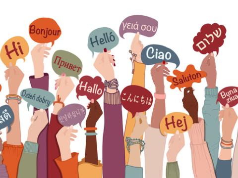 Hands with 'hello' in many languages in speech bubbles