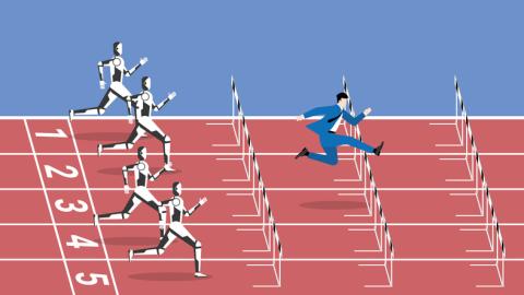 Illustration of man in suit hurdling ahead of robots
