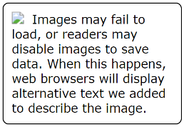 An image has failed to load on a web page. Alternative text is visible and explains that when images are turned off or fail to load, readers can still benefit from alternative text that describes the image.