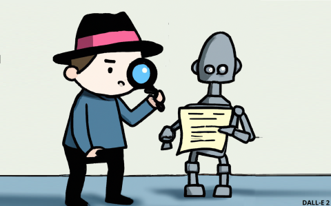 Cartoon of a detective with a magnifying glass analysing a piece of paper being held by a robot