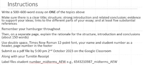 Part of class assignment instructions for academic writing 