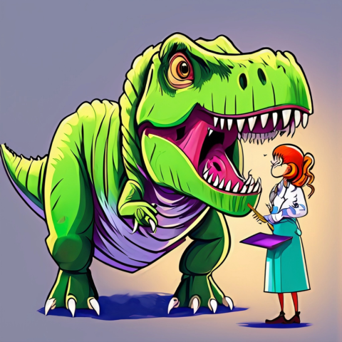 AI-generated cartoon image of a T. rex and a scientist