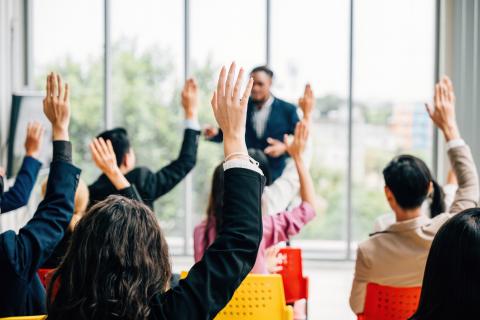 Students with their hands up in class