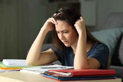 Studious student memorising notes at her desk