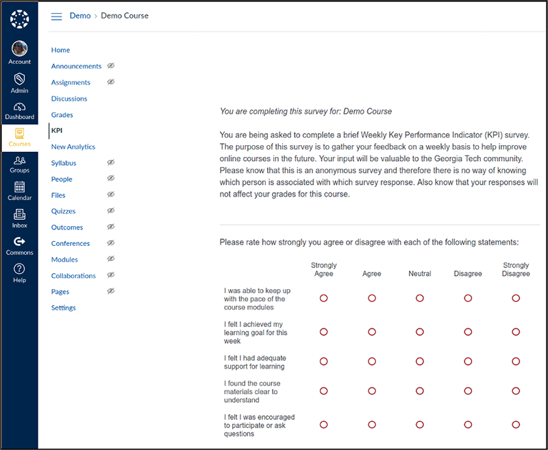 Student survey view of KPI assessment tool