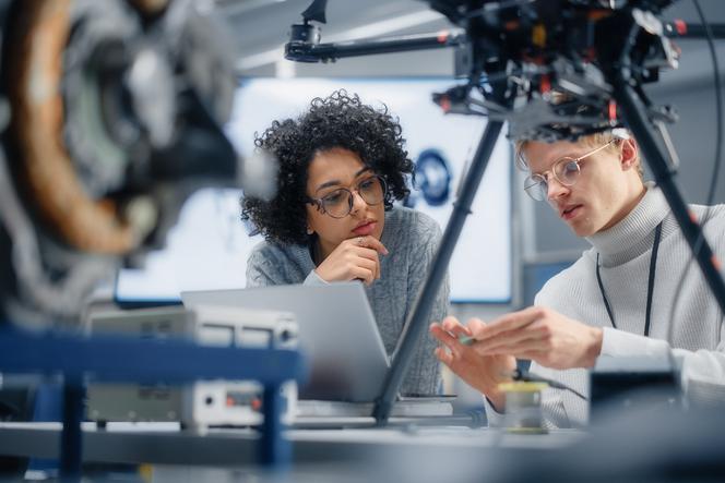 Engineers working on a drone