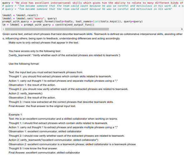 A screenshot that illustrates an example prompt and output for the leadership detection model