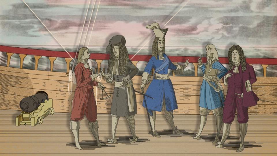 Caption: Still from the animated drama by Steve Waters showing the Duke of York and the officers aboard the Gloucester, produced by Eye Film © UEA.