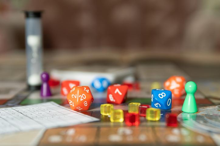 Board game figures and dice