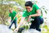 A man in a green t-shirt collects plastic bottles